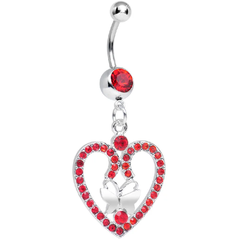 Belly Rings with Gemstone Detailing for Special Touch -Red Gem Heart Wreathed Butterfly Dangle Belly Ring Belly Rings with Gemstone Detailing for Special Touch -Red Gem Heart Wreathed Butterfly Dangle Belly Ring