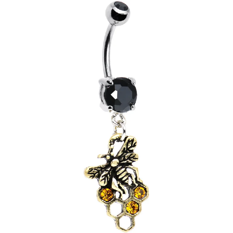 Stylish Belly Rings for Exclusive Appeal -Black and Amber Gem Busy Bee Honeycomb Dangle Belly Ring Stylish Belly Rings for Exclusive Appeal -Black and Amber Gem Busy Bee Honeycomb Dangle Belly Ring