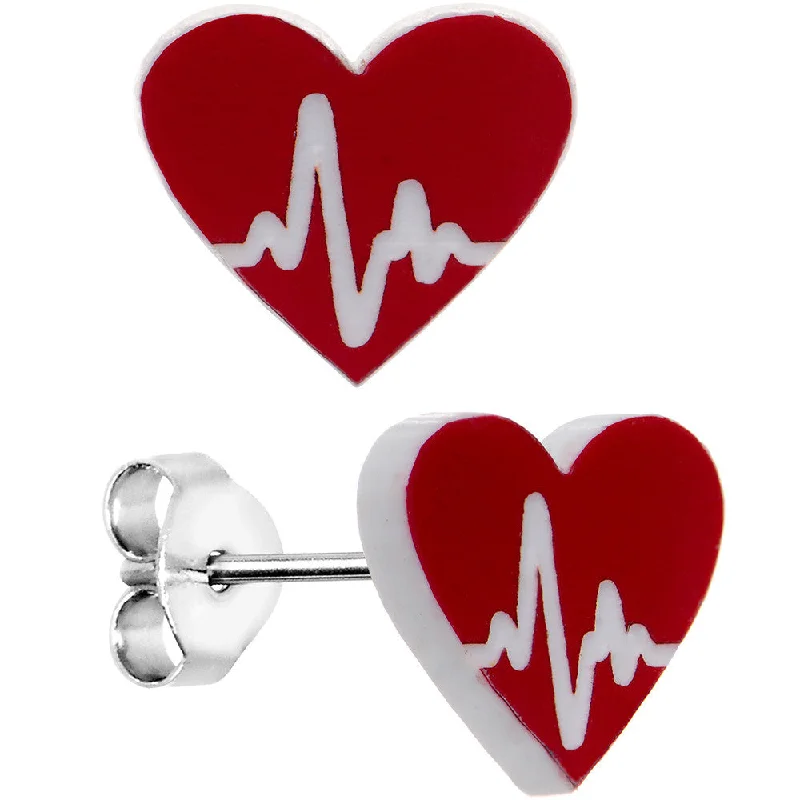 Women's Earrings – Elegant Designs for Every Personality--EKG Make My Heartbeat Race Red Heart Stud Earrings
