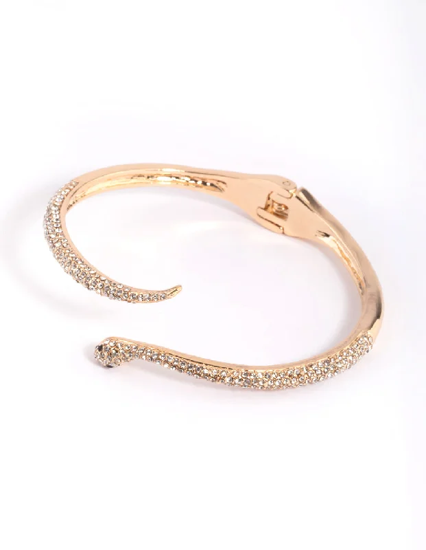 Elegant Gold Bangles for Women with Intricate Design-Gold Diamante Snake Hinge Bracelet Elegant Gold Bangles for Women with Intricate Design-Gold Diamante Snake Hinge Bracelet