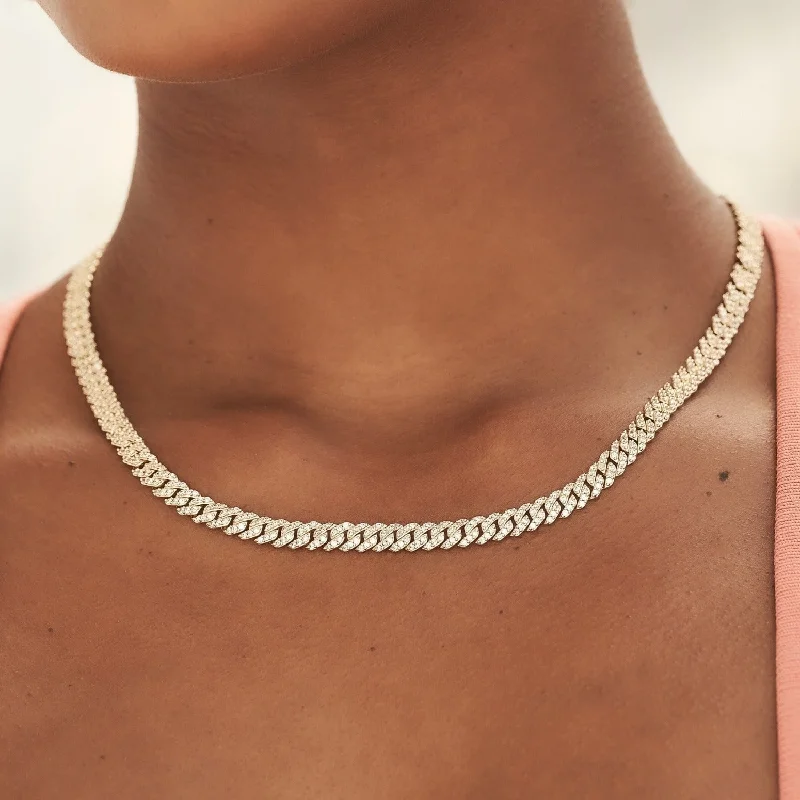 Shop Classic Women's Necklaces & Pendants with a Modern Twist-Micro Diamond Prong Cuban Necklace in Yellow Gold - 6mm Shop Classic Women's Necklaces & Pendants with a Modern Twist-Micro Diamond Prong Cuban Necklace in Yellow Gold - 6mm