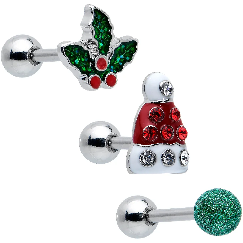 Women's Earrings – Elegant Designs for Every Personality--16 Gauge 1/4 Red Gem Santa Hat Holly Sprig Cartilage Earring Set of 3