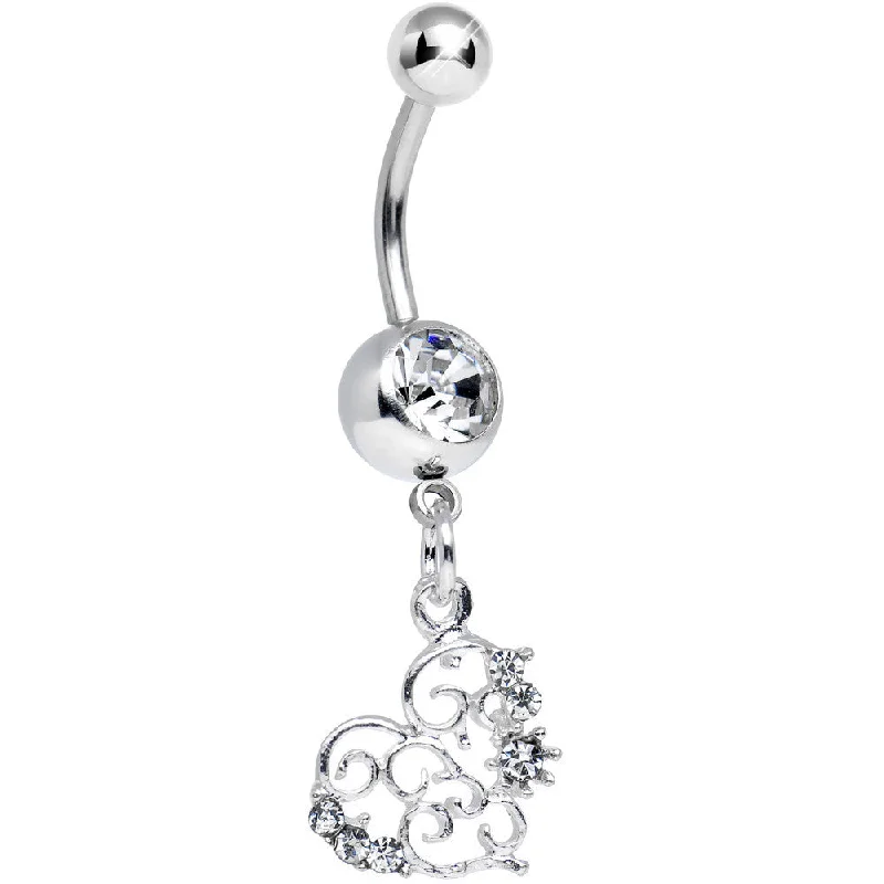 Belly Rings for a Polished Look -Clear Gem Precious Swirled Heart Dangle Belly Ring