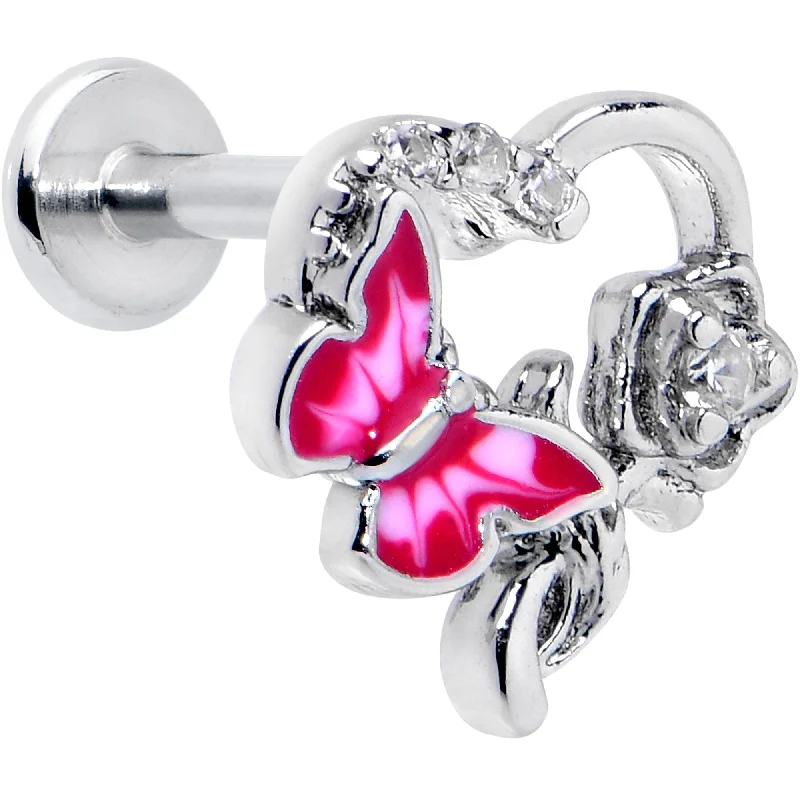 Designer Lip Rings for High-End Fashion16 Gauge 5/16 Clear CZ Gem Butterfly Rose Pink Internally Threaded Labret