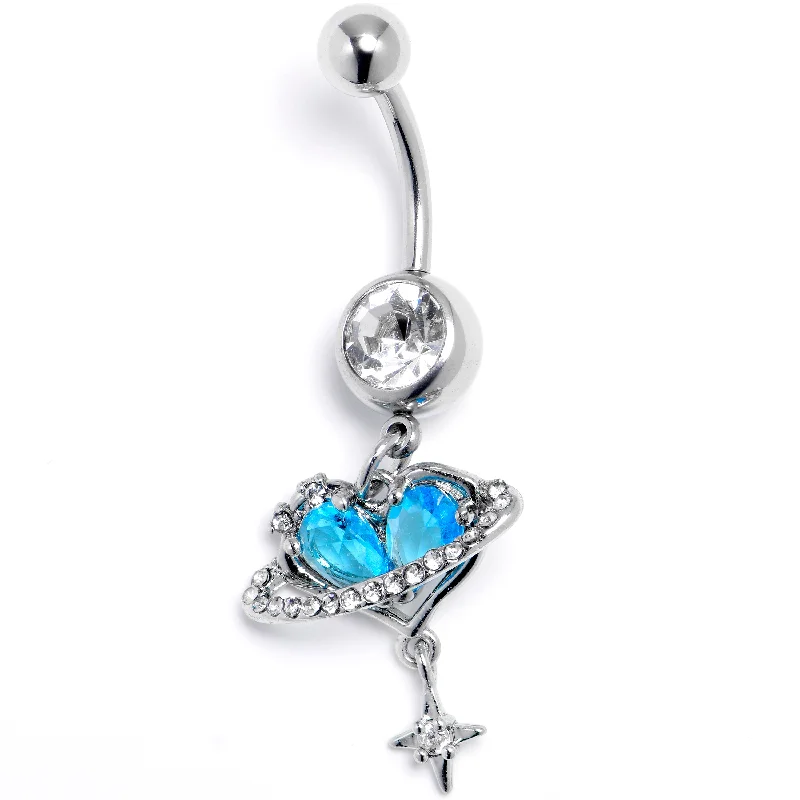 Sparkling Belly Rings with Beautiful Stone Work -Blue Clear CZ Gem Starry Heart Saturn Dangle Belly Ring Sparkling Belly Rings with Beautiful Stone Work -Blue Clear CZ Gem Starry Heart Saturn Dangle Belly Ring