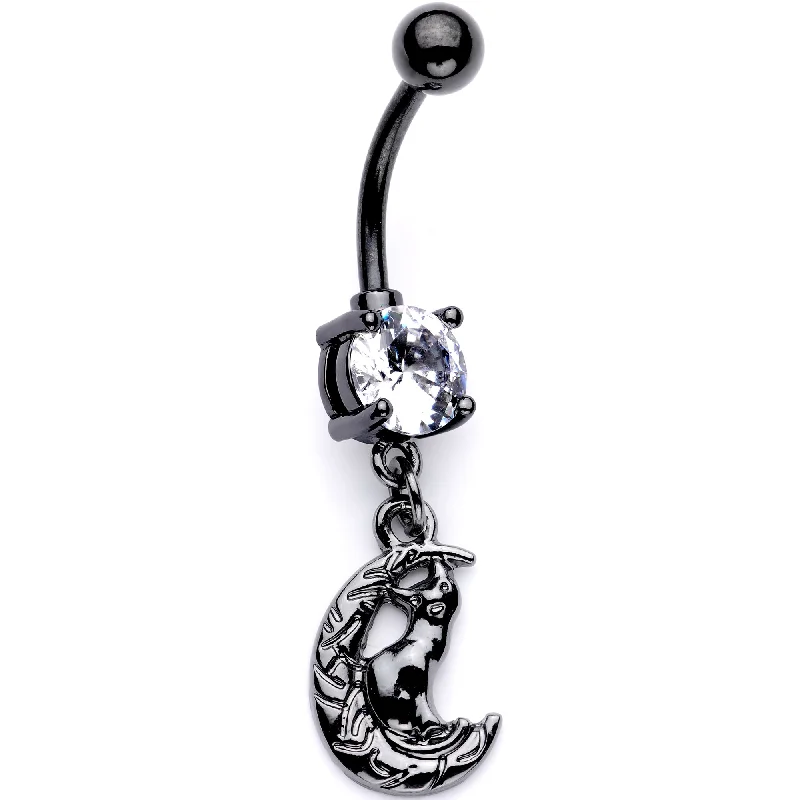 Trendy Belly Rings with Chic Finish -Clear CZ Gem Black Cat Moon Halloween Dangle Belly Ring Trendy Belly Rings with Chic Finish -Clear CZ Gem Black Cat Moon Halloween Dangle Belly Ring