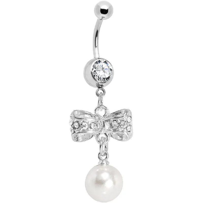 Stunning Belly Rings with Gemstone Details -Crystalline Gem Sparkling Bow Faux Pearl Belly Ring Stunning Belly Rings with Gemstone Details -Crystalline Gem Sparkling Bow Faux Pearl Belly Ring