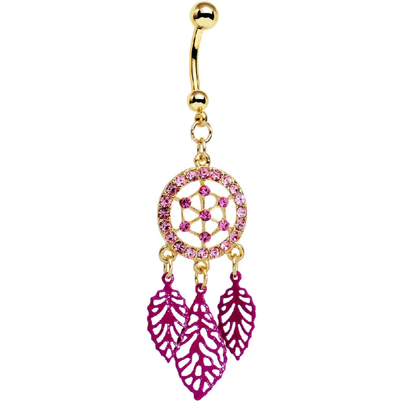 Unique Belly Rings with Stunning Accents -Pink Gem Gold Anodized Steel Dream Leaf Dangle Belly Ring Unique Belly Rings with Stunning Accents -Pink Gem Gold Anodized Steel Dream Leaf Dangle Belly Ring