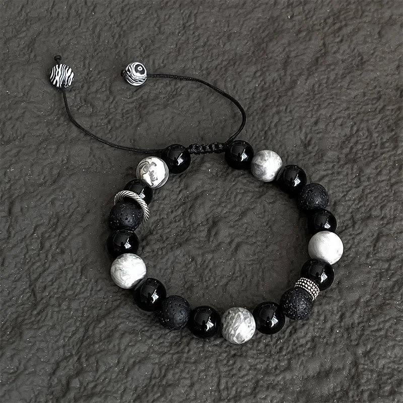 Men's Bracelets with Statement Designs-Buddha Stones Vintage Lava Rock Black Obsidian Picasso Jasper Beads Support Rope Bracelet