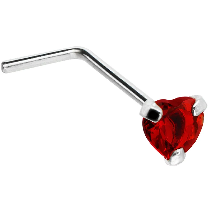 Nose Rings with Stars -Sterling Silver 925 Red CZ Heart L-Shape Nose Ring