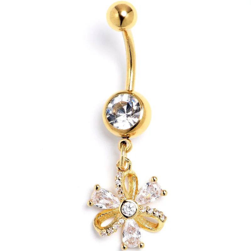 Belly Rings with Stone Detailing for Bold Looks -Clear Yellow CZ Gem Gold Tone Bling Flower Glam Dangle Belly Ring Belly Rings with Stone Detailing for Bold Looks -Clear Yellow CZ Gem Gold Tone Bling Flower Glam Dangle Belly Ring