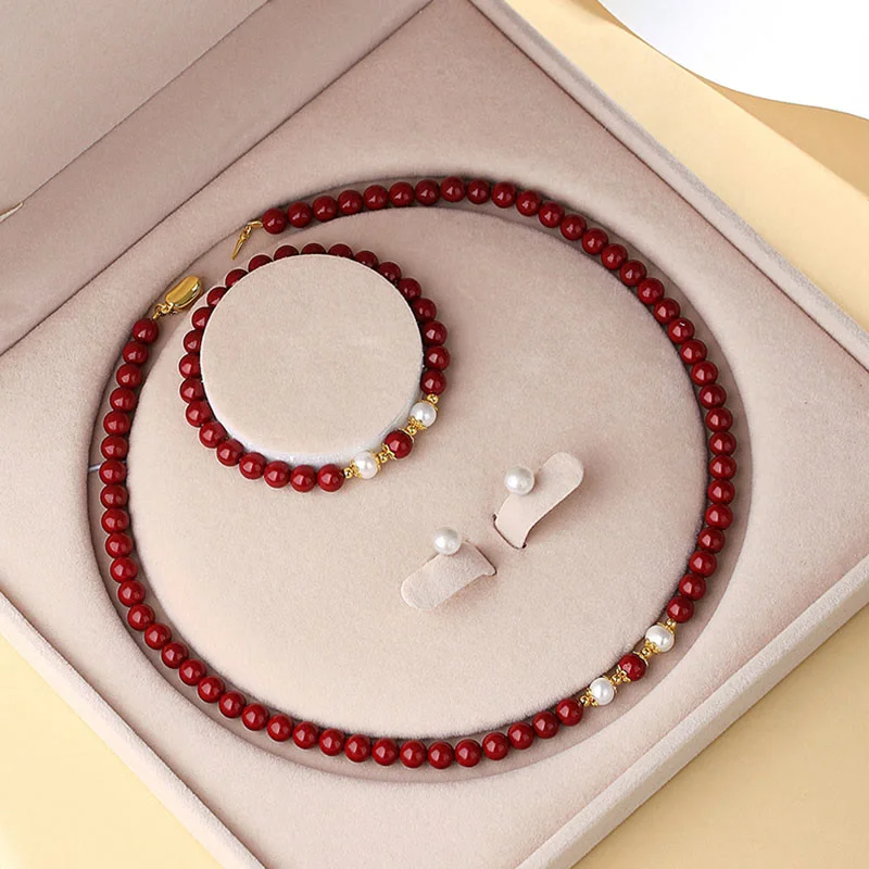 Sparkling Beaded Bangles for Women-Buddha Stones 925 Sterling Silver Natural Cinnabar Pearl Blessing Necklace Pendant Bracelet Earrings Jewelry Set Sparkling Beaded Bangles for Women-Buddha Stones 925 Sterling Silver Natural Cinnabar Pearl Blessing Necklace Pendant Bracelet Earrings Jewelry Set
