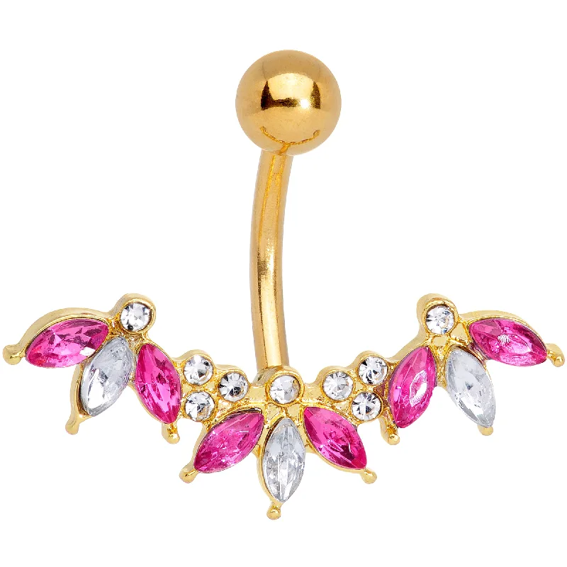 Unique Belly Rings with Stunning Accents -Pink Clear Gem Gold Tone Anodized Comely Clusters Belly Ring Unique Belly Rings with Stunning Accents -Pink Clear Gem Gold Tone Anodized Comely Clusters Belly Ring