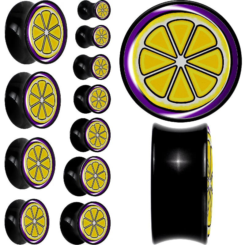Women's Earrings – Elegant Designs for Every Personality--Yellow Slice of Lemon Black Acrylic Saddle Plug Set