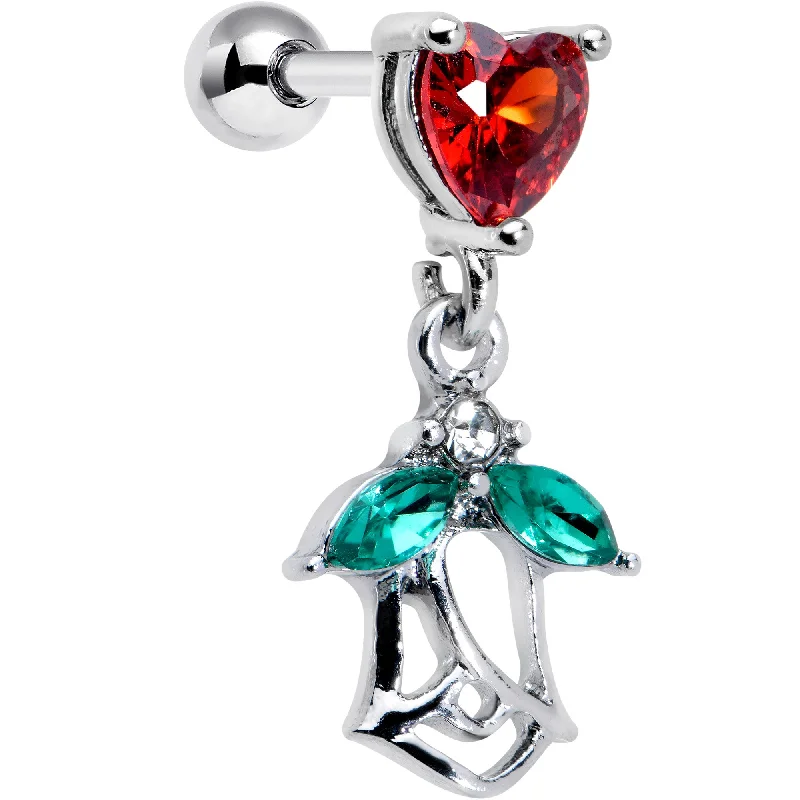 Women's Earrings – Elegant Designs for Every Personality--16 Gauge 1/4 Red CZ Gem Heart And Rose Dangle Cartilage Earring