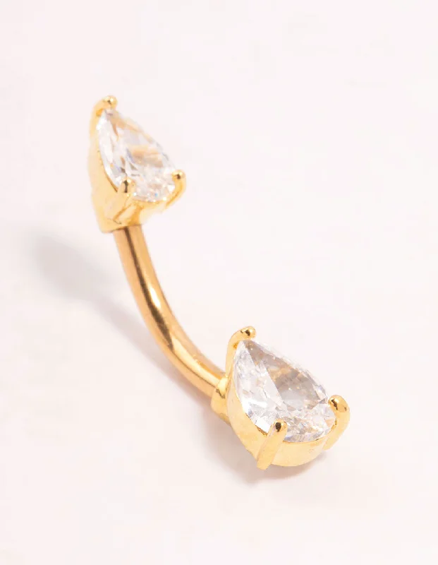 Trendy Belly Rings for Bold and Creative Fashion -Gold Plated Titanium Double Pear Cubic Zirconia Belly Bar Trendy Belly Rings for Bold and Creative Fashion -Gold Plated Titanium Double Pear Cubic Zirconia Belly Bar