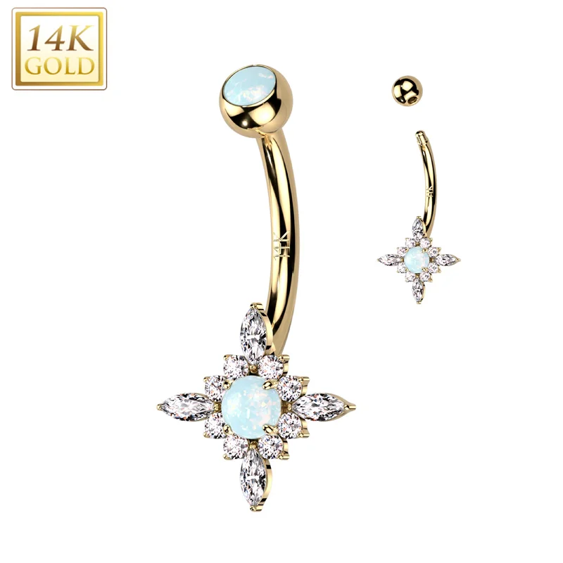 Comfortable Belly Rings with Chic Finish -14kt Solid Yellow Gold CZ Synthetic Opal Star Burst Belly Ring Comfortable Belly Rings with Chic Finish -14kt Solid Yellow Gold CZ Synthetic Opal Star Burst Belly Ring