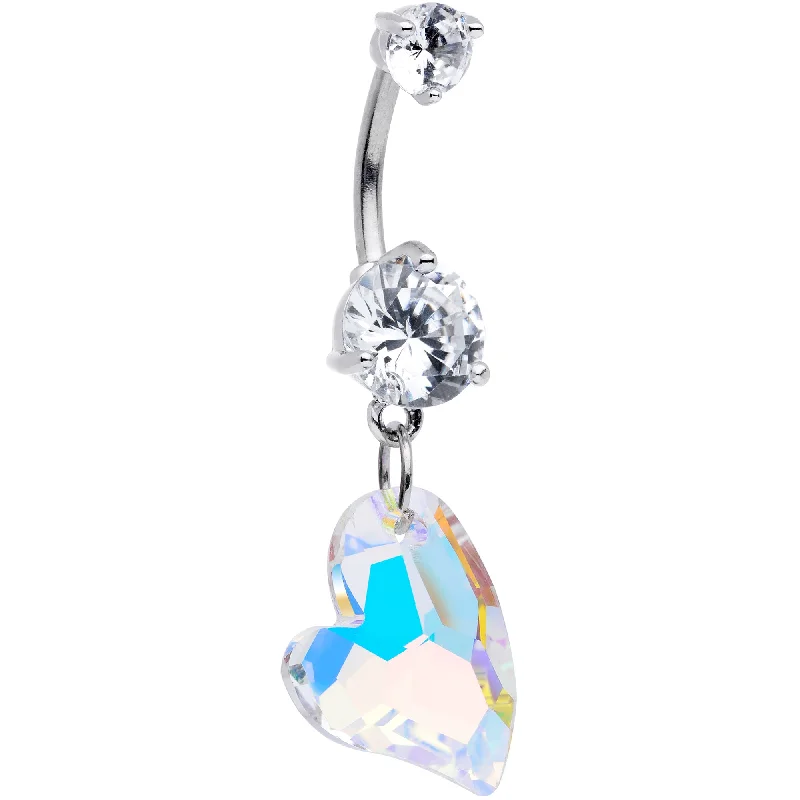 Comfortable Belly Rings with Beautiful Detailing -Clear Aurora Gem Stylized Heart Dangle Belly Ring Comfortable Belly Rings with Beautiful Detailing -Clear Aurora Gem Stylized Heart Dangle Belly Ring