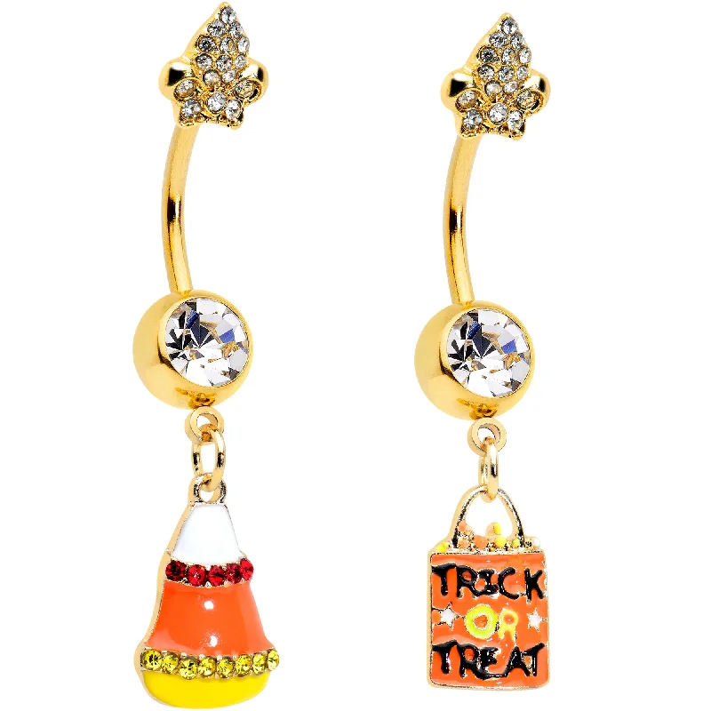 Designer Belly Rings for Bold Looks -Clear Red Gem Gold Hue Candy Corn Treat Bag Dangle Belly Ring Set of 2 Designer Belly Rings for Bold Looks -Clear Red Gem Gold Hue Candy Corn Treat Bag Dangle Belly Ring Set of 2