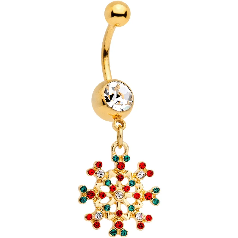 Trendy Belly Rings for Bold Fashionistas -Red Green Gem Gold Tone Winter Blizzard Dangle Belly Ring Trendy Belly Rings for Bold Fashionistas -Red Green Gem Gold Tone Winter Blizzard Dangle Belly Ring