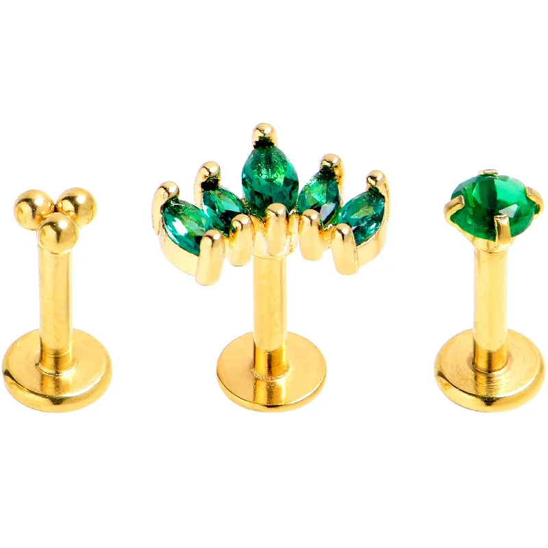 Chic Lip Rings for Fashionable Look16 Gauge 1/4 Green CZ Gem Gold Tone Royal Glam Labret Tragus Set of 3