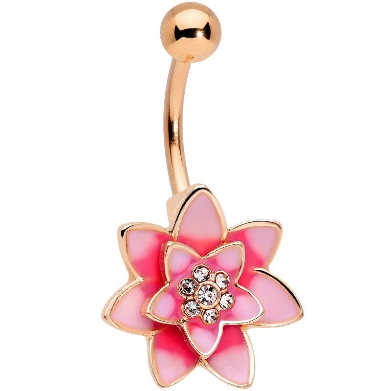 Stylish Belly Rings for Creative Fashion -Clear Gem Rose Gold Tone Pink Red Rose Flower Belly Ring Stylish Belly Rings for Creative Fashion -Clear Gem Rose Gold Tone Pink Red Rose Flower Belly Ring