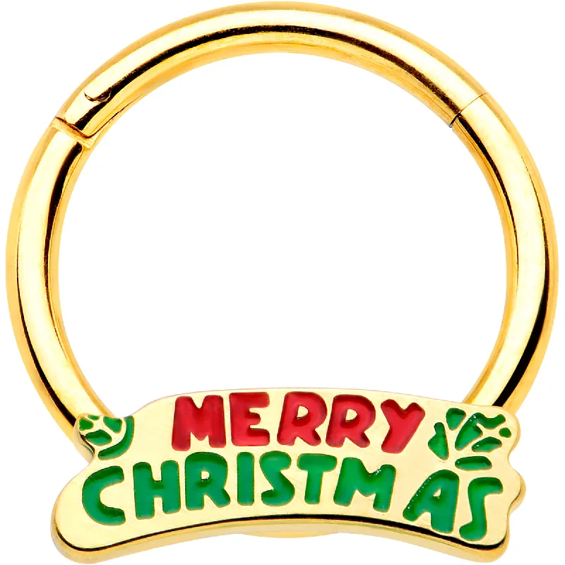 Comfortable Nose Rings with Simple Designs -16 Gauge 3/8 Gold Tone Merry Christmas Inlay Hinged Segment Ring Comfortable Nose Rings with Simple Designs -16 Gauge 3/8 Gold Tone Merry Christmas Inlay Hinged Segment Ring