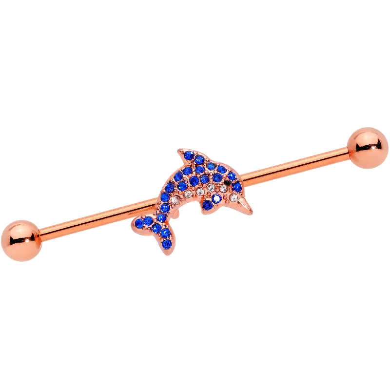 Women's Earrings – Elegant Designs for Every Personality--14 Gauge Blue Gem Rose Gold Tone Dolphin Industrial Barbell 38mm Women's Earrings – Elegant Designs for Every Personality--14 Gauge Blue Gem Rose Gold Tone Dolphin Industrial Barbell 38mm