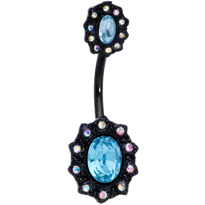 Designer Belly Rings for Fashion-Forward Women -Aurora Blue Gem Black Halloween Double Mount Belly Ring Designer Belly Rings for Fashion-Forward Women -Aurora Blue Gem Black Halloween Double Mount Belly Ring