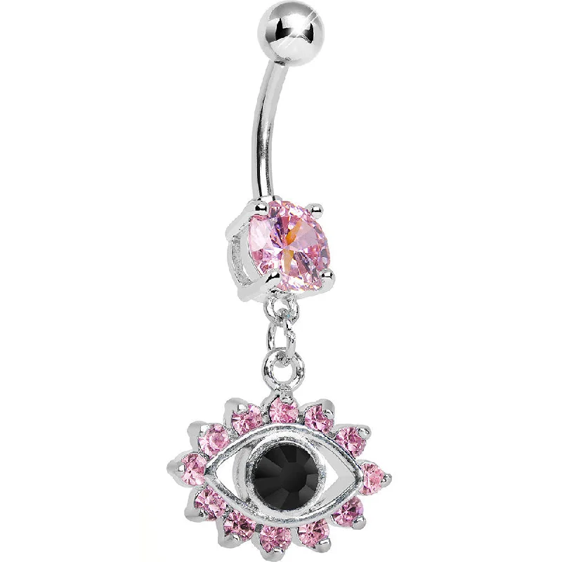 Comfortable Belly Rings for Simple Looks -Pink Gem Blinged Out Eye Dangle Belly Ring Comfortable Belly Rings for Simple Looks -Pink Gem Blinged Out Eye Dangle Belly Ring
