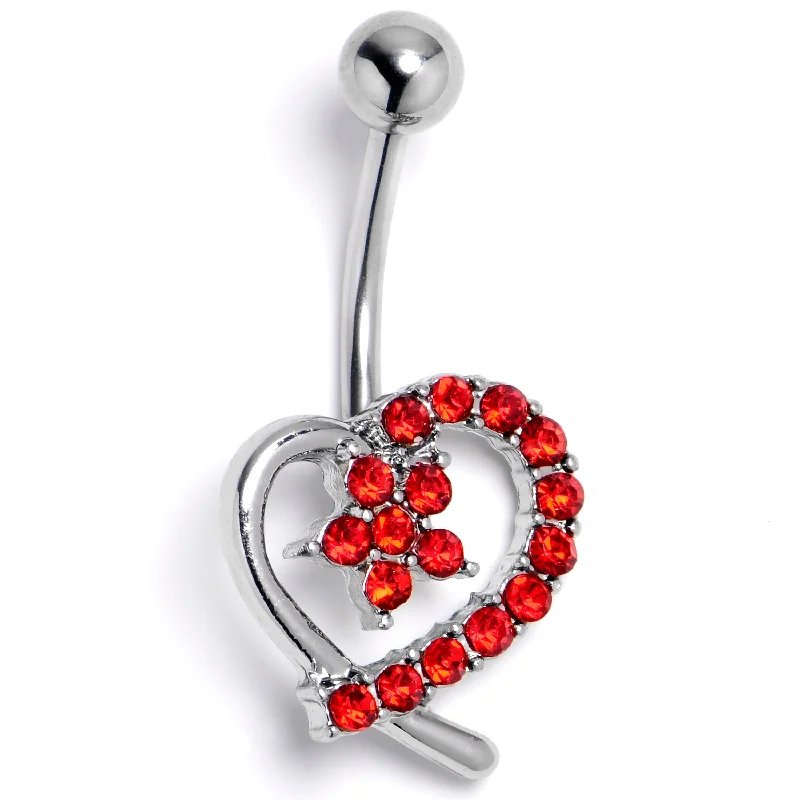 Belly Rings with Vibrant Gemstone Colors -Red Gem Internally Threaded Blossom Heart Belly Ring Belly Rings with Vibrant Gemstone Colors -Red Gem Internally Threaded Blossom Heart Belly Ring