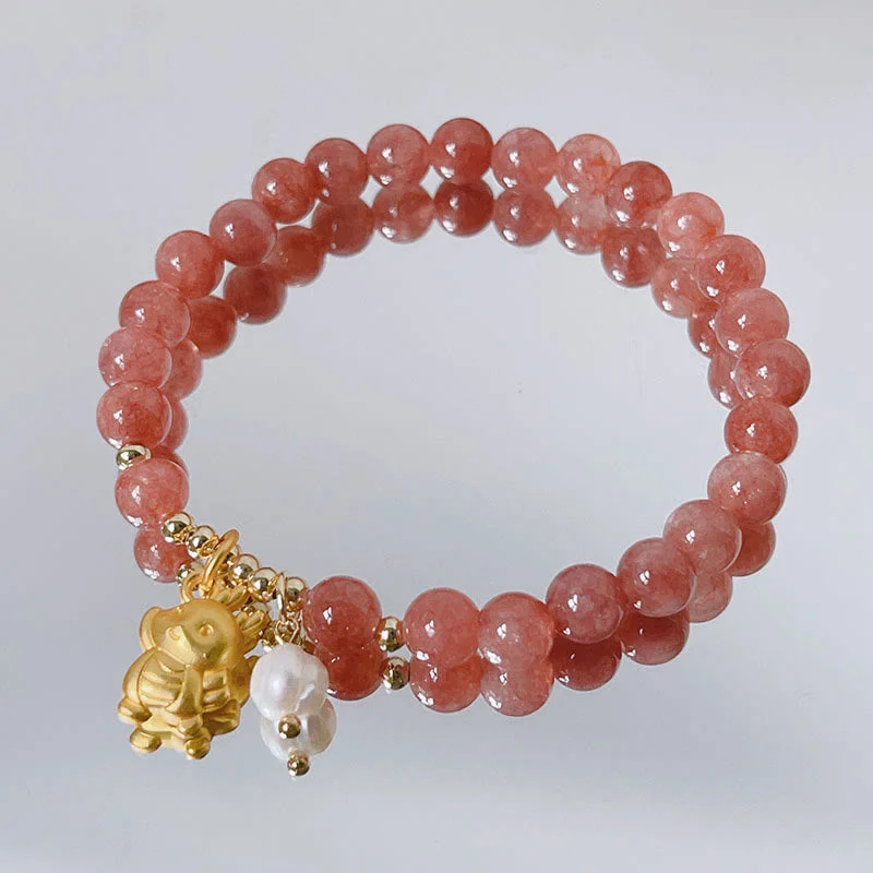 Women's Stylish Wedding Bangles-Buddha Stones Year of the Dragon Strawberry Quartz Dragon Pearl Charm Protection Bracelet