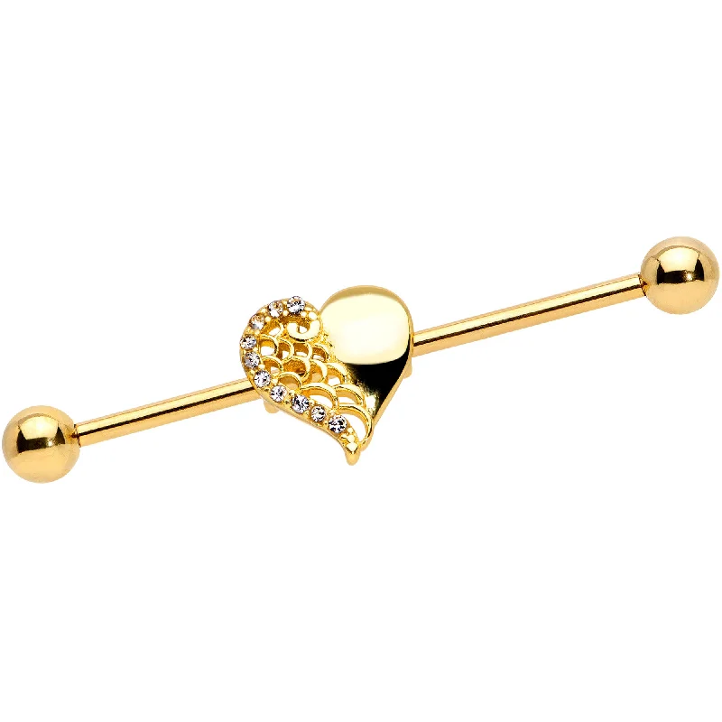 Women's Earrings – Elegant Designs for Every Personality--14 Gauge Clear Gem Gold Tone Angel Wing Heart Industrial Barbell 38mm