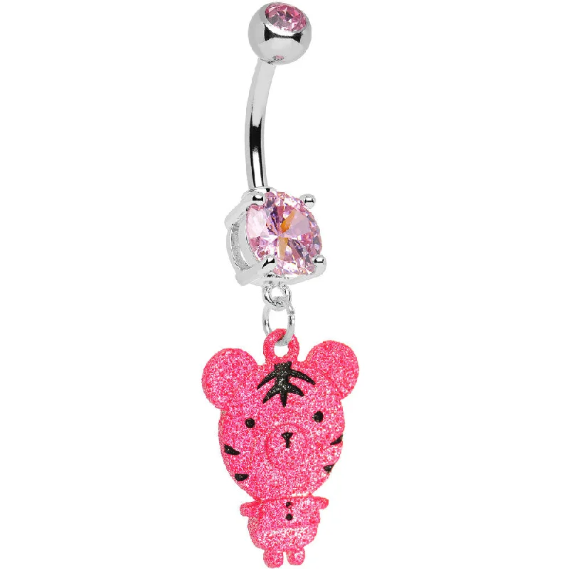 Belly Rings with Vibrant Gems for Bold Style -Pink Gem Pink Neon Adorable Baby Tiger Dangle Belly Ring Belly Rings with Vibrant Gems for Bold Style -Pink Gem Pink Neon Adorable Baby Tiger Dangle Belly Ring