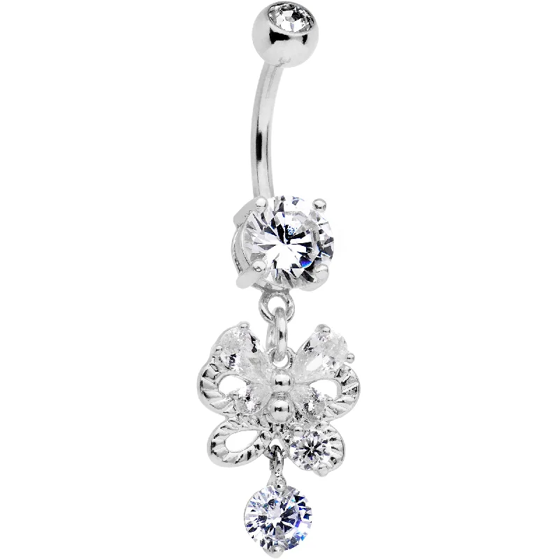 Comfortable Belly Rings for Sensitive Piercings -Clear CZ Gem Butterfly Bow Dangle Belly Ring Comfortable Belly Rings for Sensitive Piercings -Clear CZ Gem Butterfly Bow Dangle Belly Ring