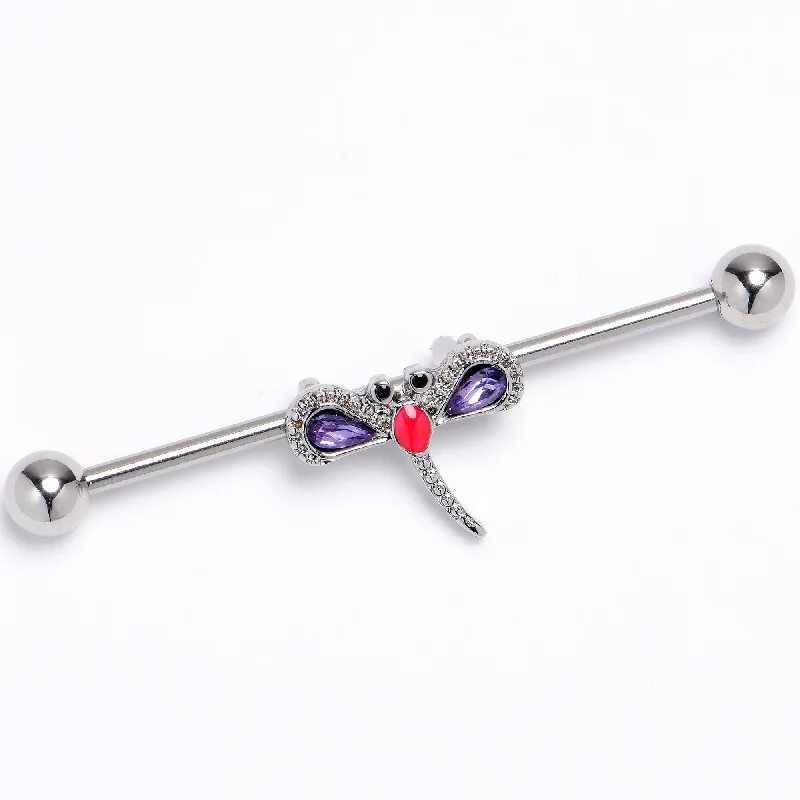 Women's Earrings – Elegant Designs for Every Personality--14 Gauge Purple Gem Embellished Dragonfly Industrial Barbell 38mm