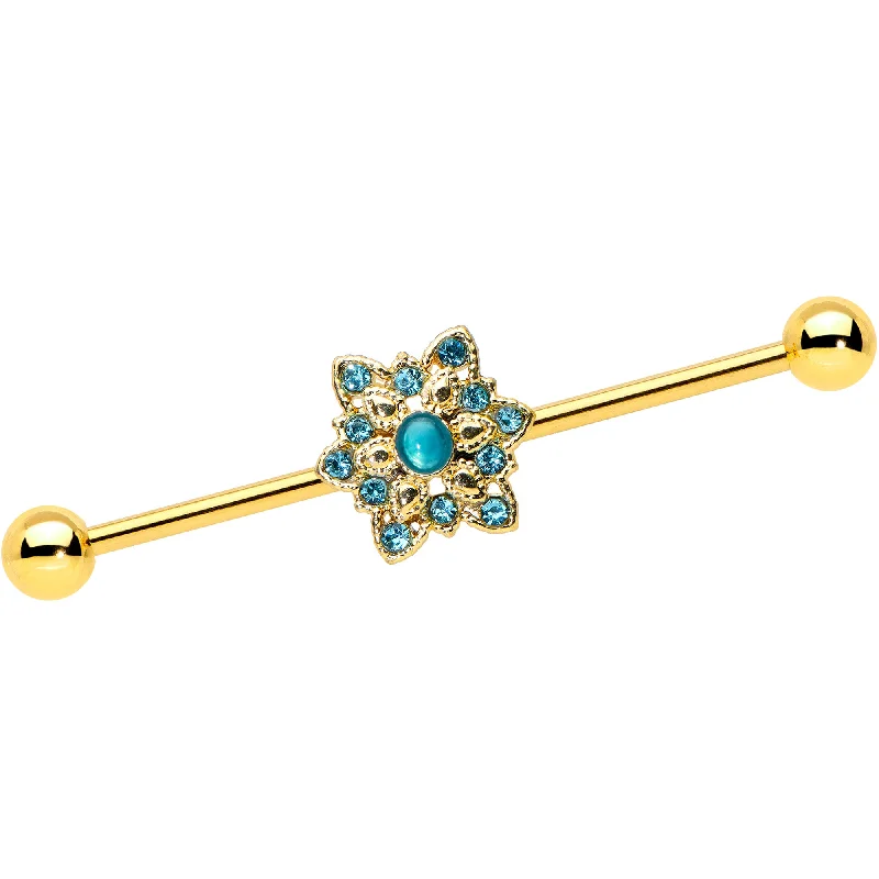 Women's Earrings – Elegant Designs for Every Personality--14 Gauge Blue Gem Gold Hue Snowflake Christmas Industrial Barbell 38mm Women's Earrings – Elegant Designs for Every Personality--14 Gauge Blue Gem Gold Hue Snowflake Christmas Industrial Barbell 38mm