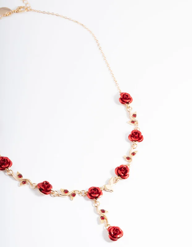 Shop Classic Women's Necklaces & Pendants with a Modern Twist-Red Diamante Rose Y-Necklace Shop Classic Women's Necklaces & Pendants with a Modern Twist-Red Diamante Rose Y-Necklace