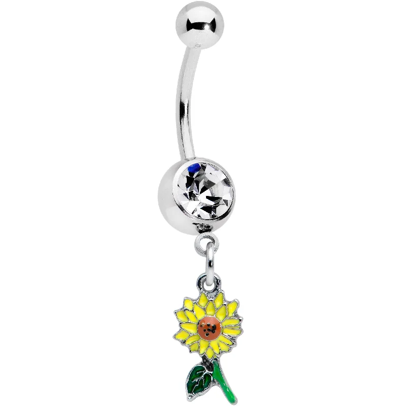 Comfortable Belly Rings for Sensitive Piercings -Clear Gem Cheery Sunflower Dangle Belly Ring Comfortable Belly Rings for Sensitive Piercings -Clear Gem Cheery Sunflower Dangle Belly Ring