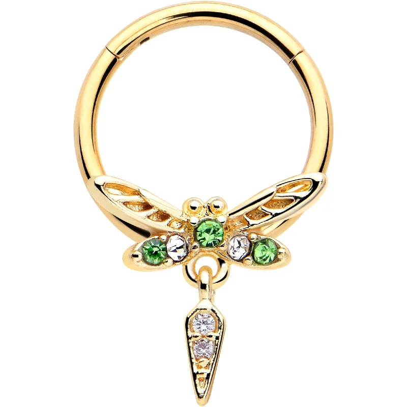Nose Rings for Showcasing Personal Style -16 Gauge 3/8 Green Gem Gold Tone Swank Dragonfly Dangle Hinged Segment Ring Nose Rings for Showcasing Personal Style -16 Gauge 3/8 Green Gem Gold Tone Swank Dragonfly Dangle Hinged Segment Ring