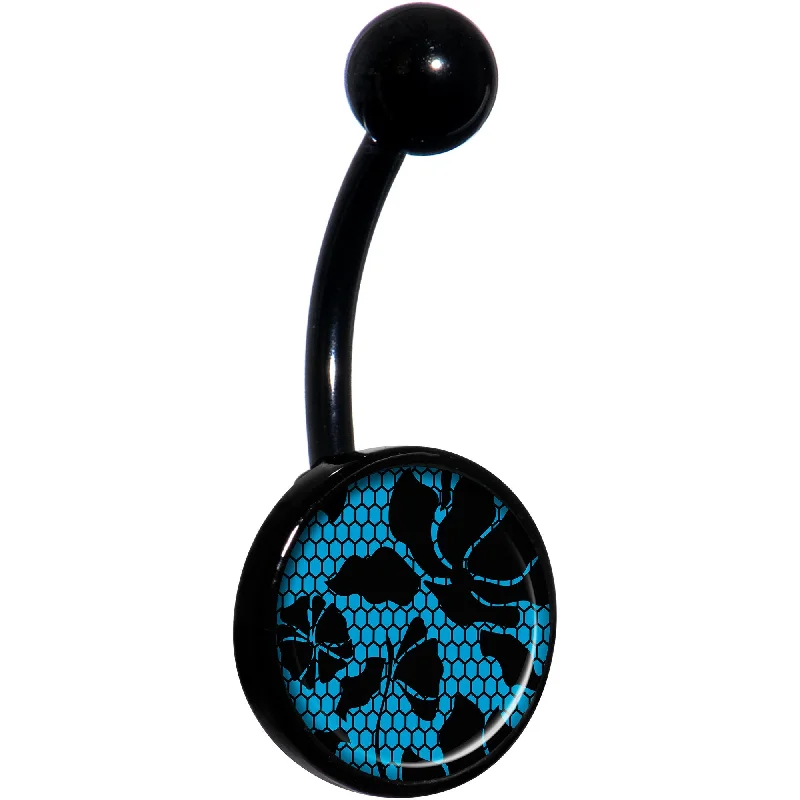 Comfortable Belly Rings for Casual Looks -Blue Floral Lace Black Belly Ring