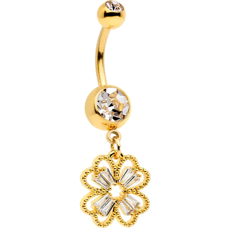 Elegant Belly Rings with Unique Details -Clear Gem Gold Tone Elegant Textured Shamrock Dangle Belly Ring Elegant Belly Rings with Unique Details -Clear Gem Gold Tone Elegant Textured Shamrock Dangle Belly Ring