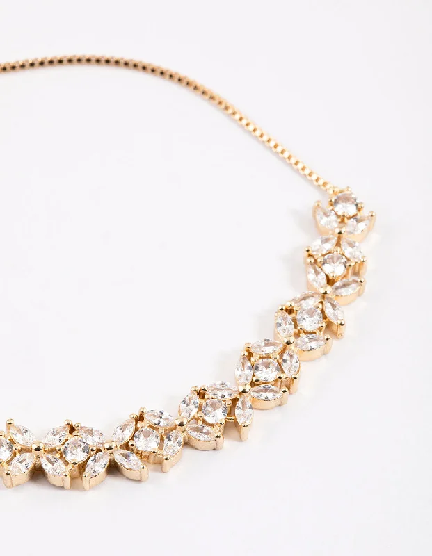Gem-Studded Bangles for Women-Gold Statement Flower Cubic Zirconia Toggle Bangle