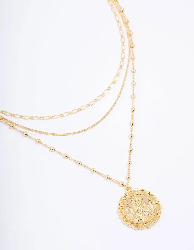 Shop Classic Women's  Necklaces & Pendants with a Modern Twist-Gold Plated Large Coin Triple Layered Necklace