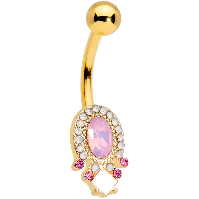 Stunning Belly Rings with Gemstone Details -Pink Gem White Faux Opal Gold Tone Belly Ring Stunning Belly Rings with Gemstone Details -Pink Gem White Faux Opal Gold Tone Belly Ring
