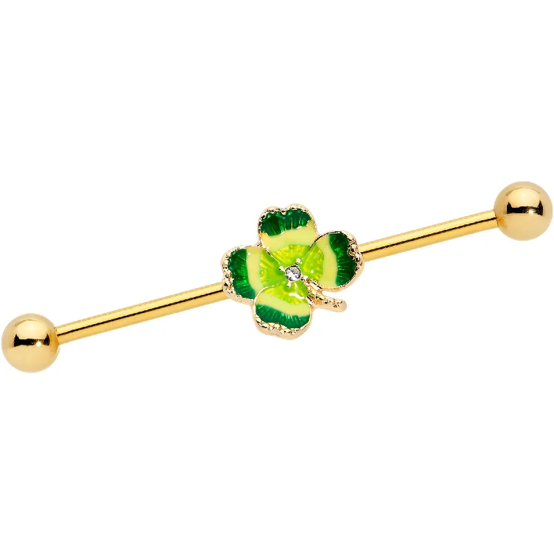 Women's Earrings – Elegant Designs for Every Personality--14 Gauge Clear Gem Gold Tone Lucky Shamrock Industrial Barbell 38mm