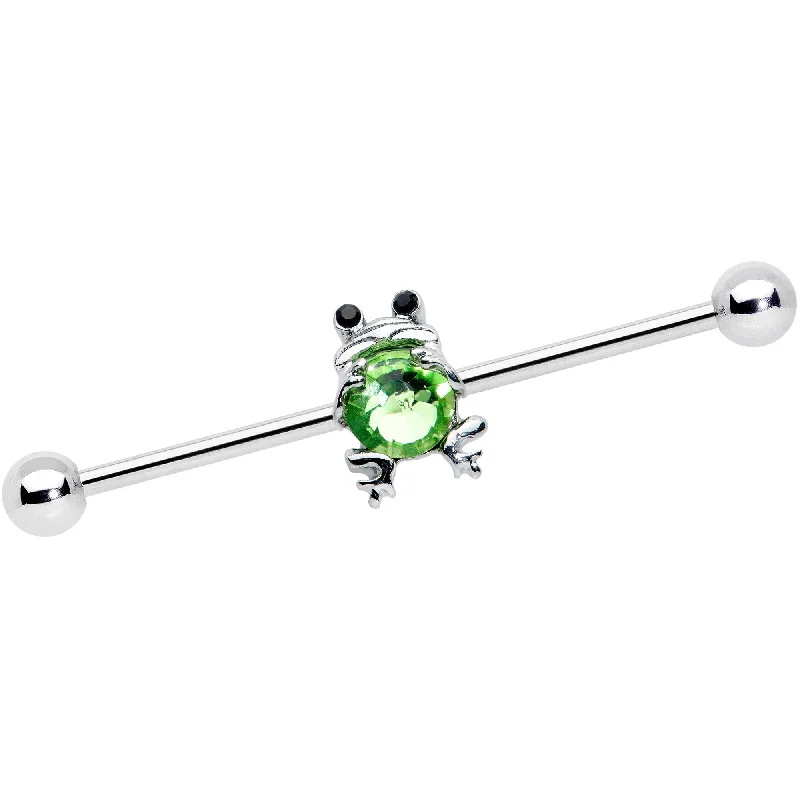 Women's Earrings – Elegant Designs for Every Personality--14 Gauge Black Green Gem Fancy Frog Industrial Barbell 38mm