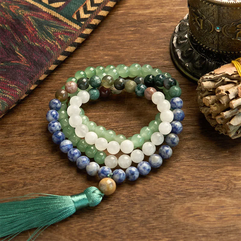 Stylish Men's Bracelets with Adjustable Length-Buddha Stones 108 Mala Beads Natural Green Aventurine Blue Spot Jasper Indian Agate Green Tassel Luck Bracelet Stylish Men's Bracelets with Adjustable Length-Buddha Stones 108 Mala Beads Natural Green Aventurine Blue Spot Jasper Indian Agate Green Tassel Luck Bracelet