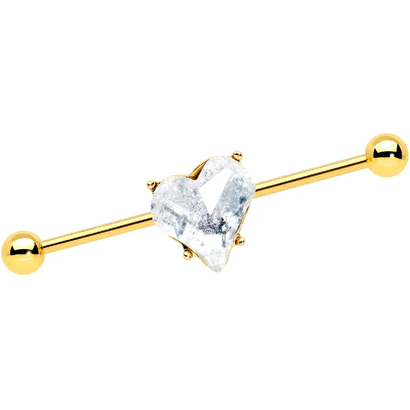 Women's Earrings – Elegant Designs for Every Personality--14 Gauge Clear Gem Gold Tone Heart Valentine Industrial Barbell 38mm