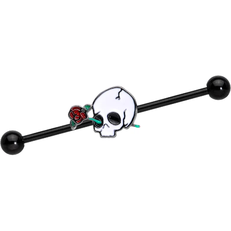 Women's Earrings – Elegant Designs for Every Personality--14 Gauge Black PVD Rose Skull Halloween Industrial Barbell 38mm